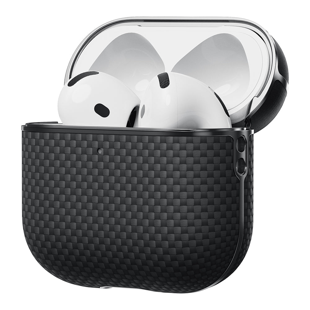 Apple Airpods 4 Kılıf 1500D Aramid Fiber Pitaka Ultra-Slim Classic Serisi Black-Grey Twill Kapak