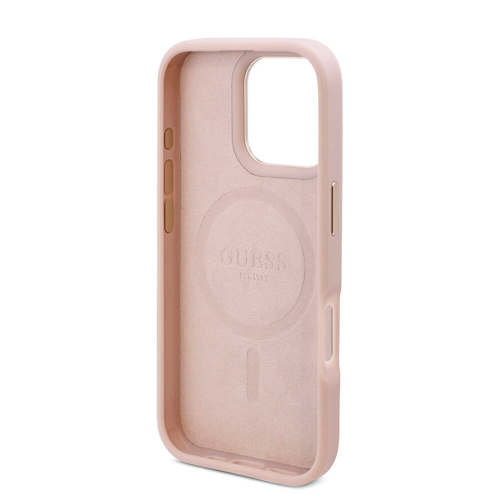 Guess Orjinal Lisanslı Magsafe Şarj Özellikli 4G Desenli PU Metal Plaka Klasik Logolu Pembe Kapak - enzaksesuar
