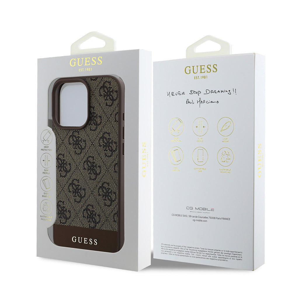GUESS iPhone 16 Pro Max Orjinal Lisanslı Magsafe Şarj Özellikli PU Deri Şerit Logo Dizaynlı Kahverengi Kılıf