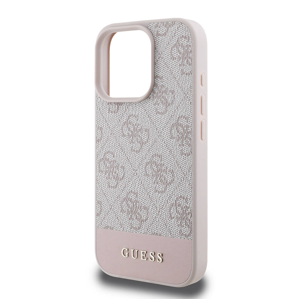 GUESS iPhone 16 Pro Orjinal Lisanslı Magsafe Şarj Özellikli PU Deri Şerit Logo Dizaynlı Pembe Kılıf