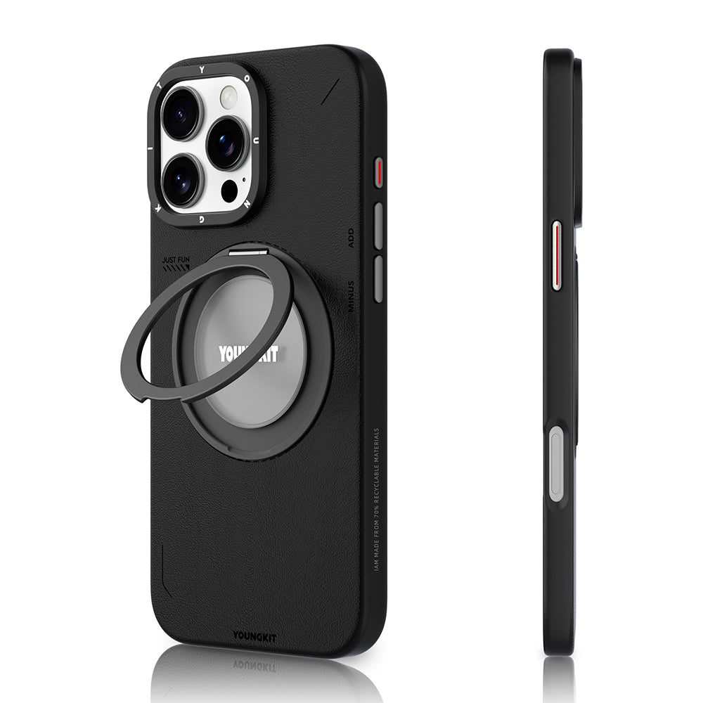 YOUNGKİT iPhone 16 Pro Magsafe Uyumlu 360° Standlı Tech Leather Siyah Kılıf