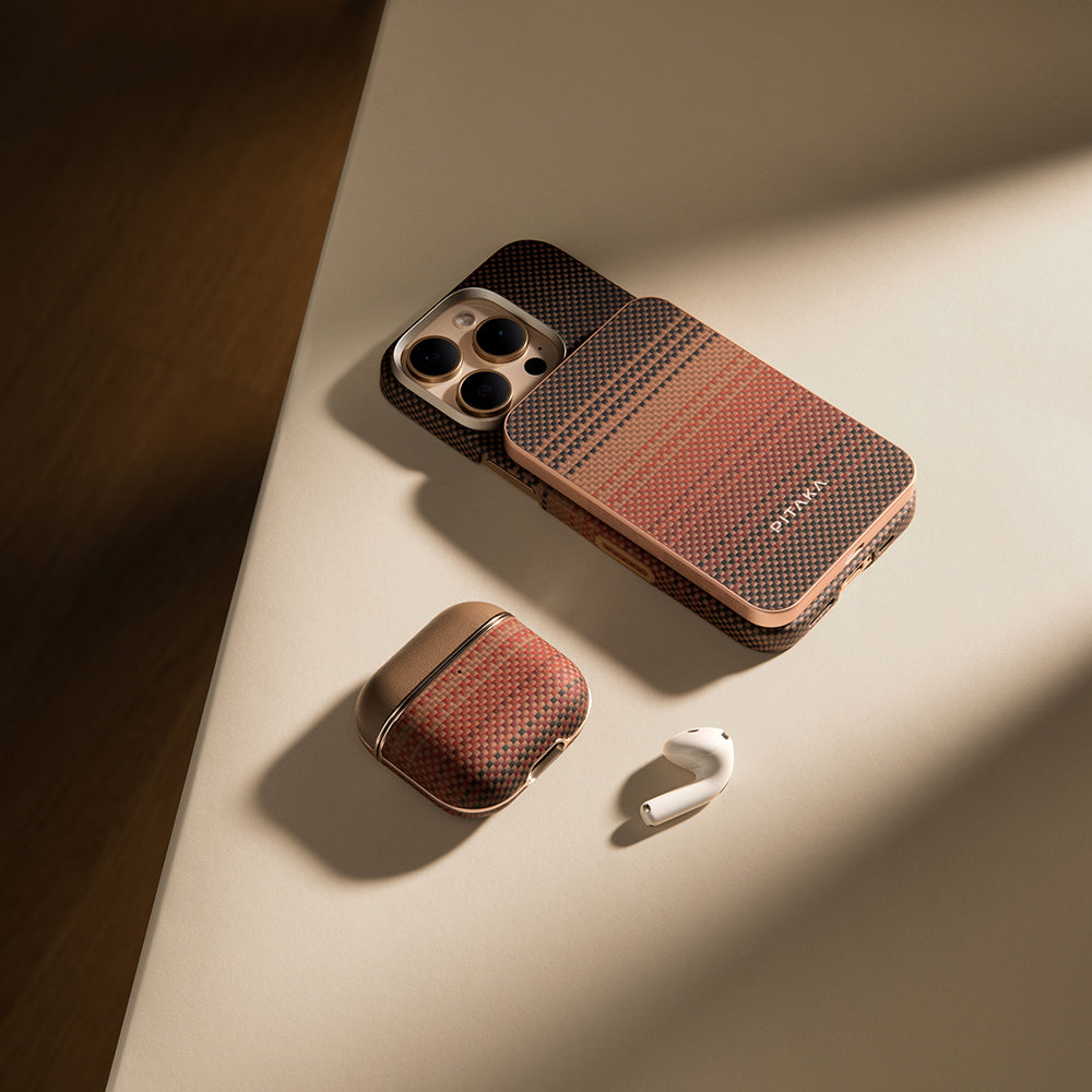 Apple Airpods Pro 2 Kılıf Aramid Fiber Pitaka Tactile Woven Sunset-Moonrise Serisi Sunset Kapak Kahverengi