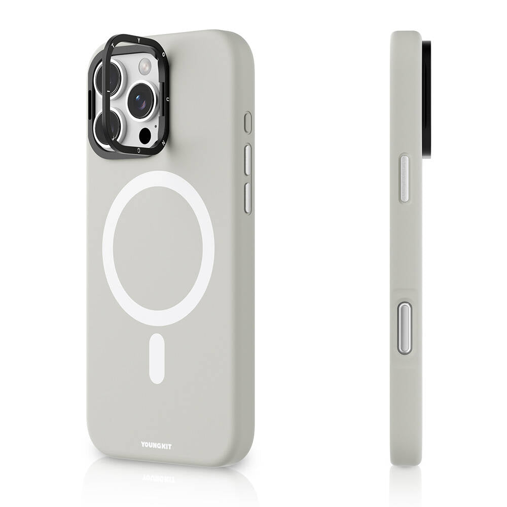 Magsafe Şarj Özellikli Kamera Standlı Silikon Youngkit Bitty Cream Gri Kapak - enzaksesuar