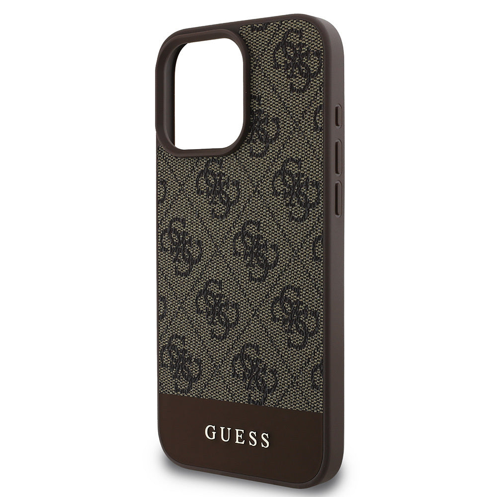 GUESS iPhone 16 Pro Max Orjinal Lisanslı Magsafe Şarj Özellikli PU Deri Şerit Logo Dizaynlı Kahverengi Kılıf
