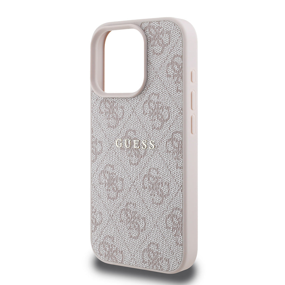 GUESS iPhone 16 Pro Orjinal Lisanslı Magsafe Şarj Özellikli 4G Desenli Yazı Logolu Pembe Kılıf