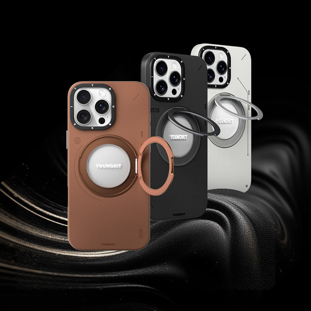 YOUNGKİT iPhone 16 Pro Magsafe Uyumlu 360° Standlı Tech Leather Gri Kılıf