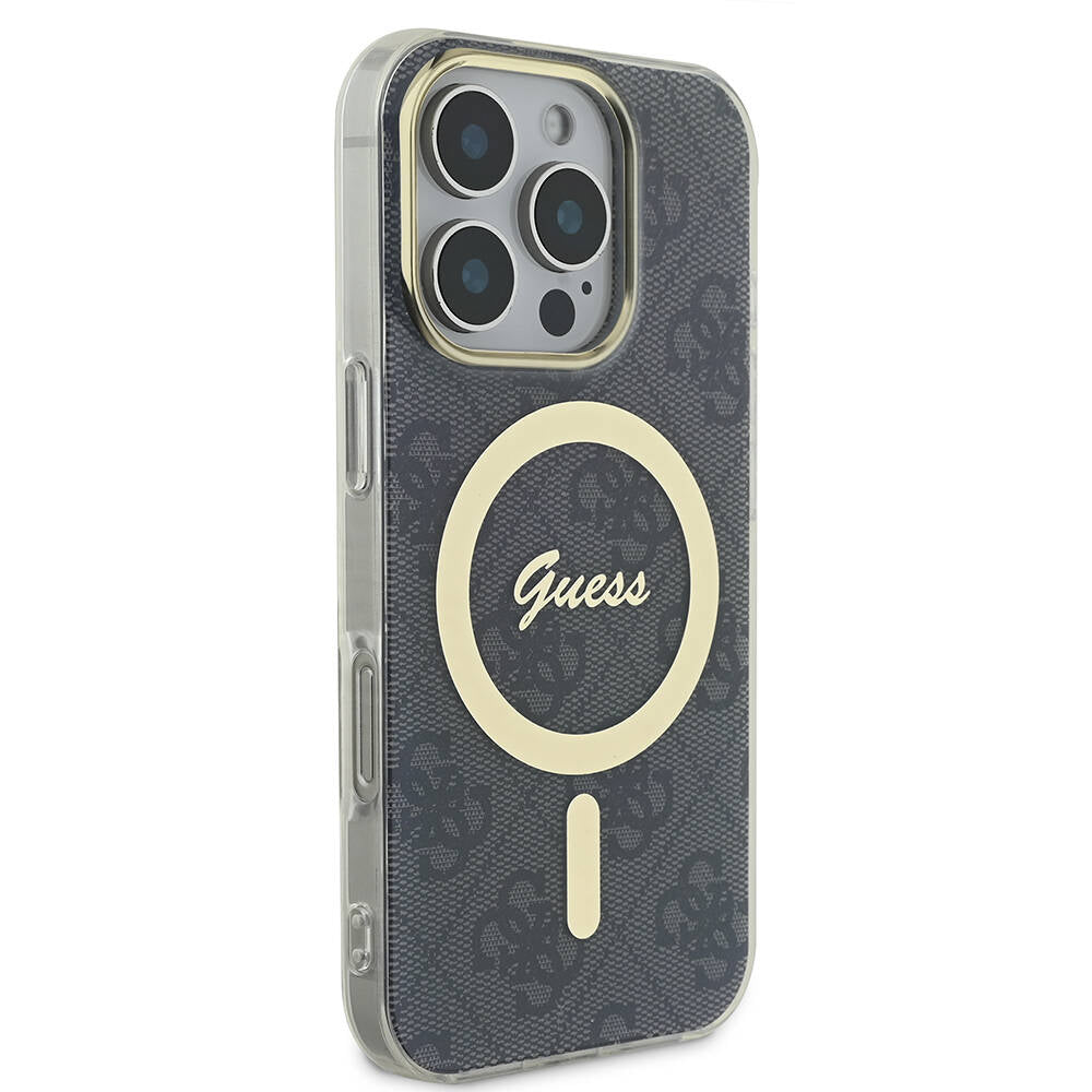 GUESS Orjinal Lisanslı iPhone 16 Pro Orjinal Lisanslı Magsafe Şarj Özellikli Yazı Logolu 4G Desenli Siyah Kılıf
