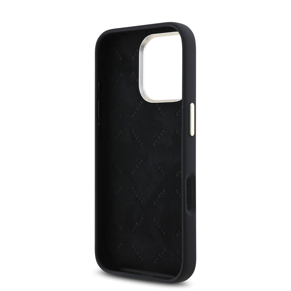 GUESS Orjinal Lisanslı iPhone 16 Pro Max Yazı ve Taşlı 4G Logolu Metal Kamera Çerçeveli Silikon Kılıf