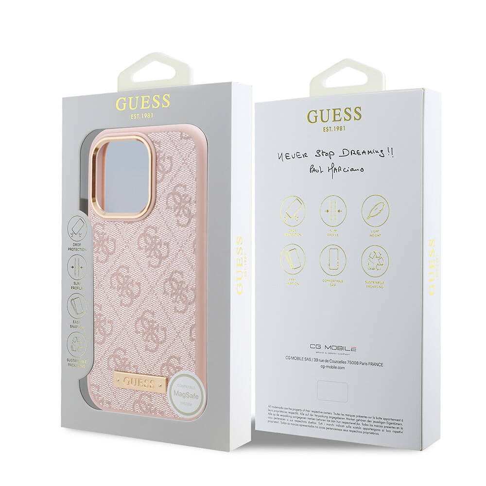 Guess Orjinal Lisanslı Magsafe Şarj Özellikli 4G Desenli PU Metal Plaka Klasik Logolu Pembe Kapak - enzaksesuar