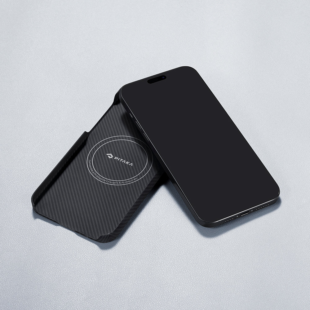 PİTAKA iPhone 15 Plus Magsafe Şarj Özellikli 600D Aramid Fiber Ultra-Slim Classic Serisi Black-Grey Twill Kılıf