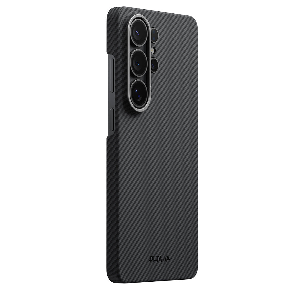 Galaxy S26 Ultra Kılıf M-safe Şarj Özellikli 600D Aramid Fiber Pitaka Ultra-Slim Classic Serisi Black-Grey Twill Kapak Siyah-Gri