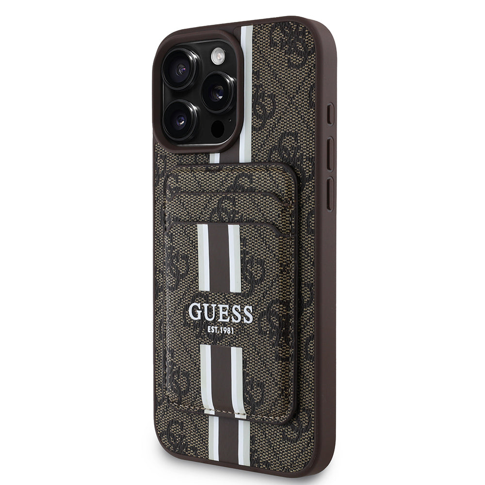 GUESS iPhone 16 Pro Max Orjinal Lisanslı Magsafe Şarj Özellikli 4G Desenli Çizgili Kartlıklı Kahverengi Kılıf