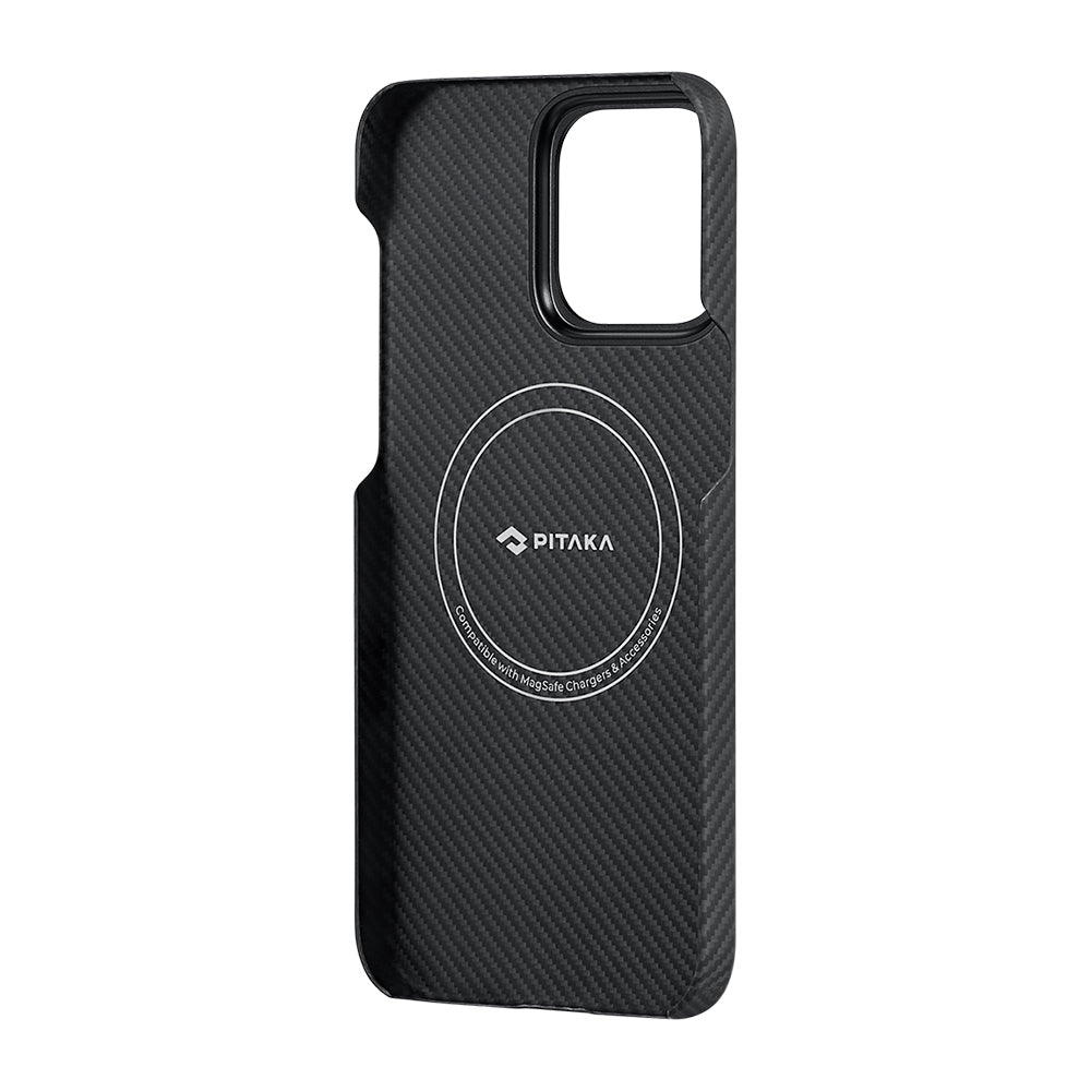 PİTAKA Magsafe Şarj Özellikli iPhone 15 Pro Max 600D Aramid Fiber Pitaka Ultra-Slim Classic Serisi Black-Grey Twill Kılıf