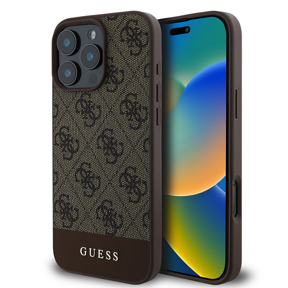 GUESS iPhone 16 Pro Max Orjinal Lisanslı Magsafe Şarj Özellikli PU Deri Şerit Logo Dizaynlı Kahverengi Kılıf