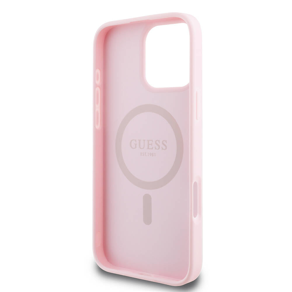 GUESS Orjinal Lisanslı iPhone 16 Pro Max Orjinal Lisanslı Magsafe Şarj Özellikli Yazı Logolu Grained Pembe Kılıf