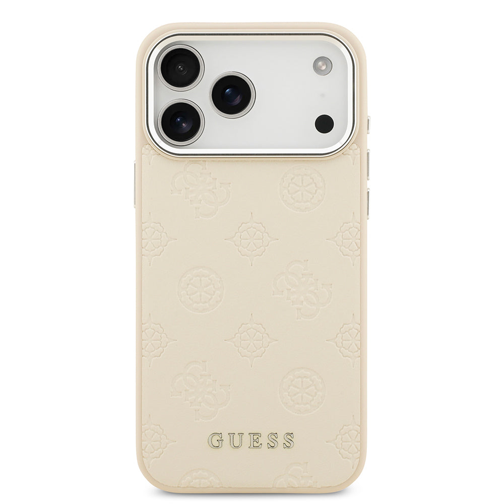 Apple iPhone 17 Pro Max Kılıf Guess Orjinal Lisanslı M-safe Şarj Özellikli Sıcak Baskılı Klasik Yazı Logolu PU Deri Peony Kapak Bej