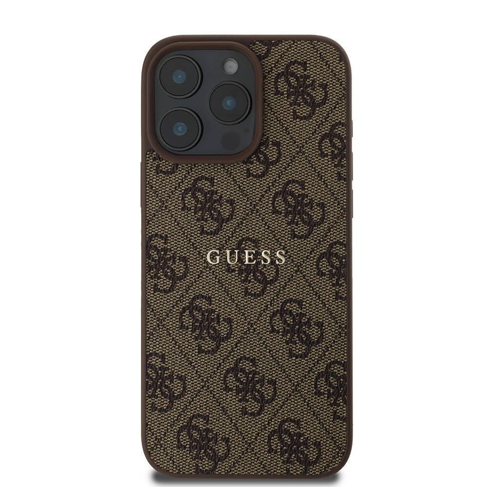 GUESS iPhone 16 Pro Orjinal Lisanslı Magsafe Şarj Özellikli 4G Desenli Yazı Logolu Kahverengi Kılıf