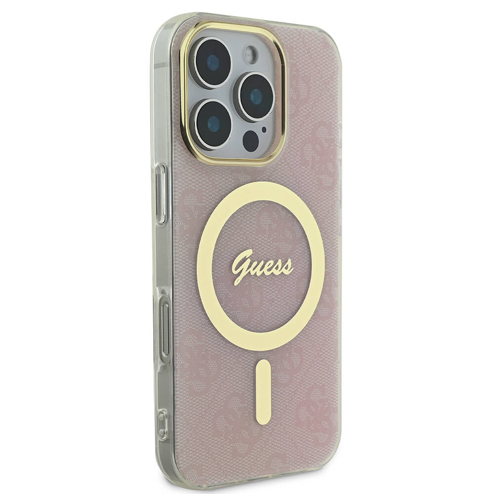 GUESS Orjinal Lisanslı iPhone 16 Pro Orjinal Lisanslı Magsafe Şarj Özellikli Yazı Logolu 4G Desenli Pembe Kılıf