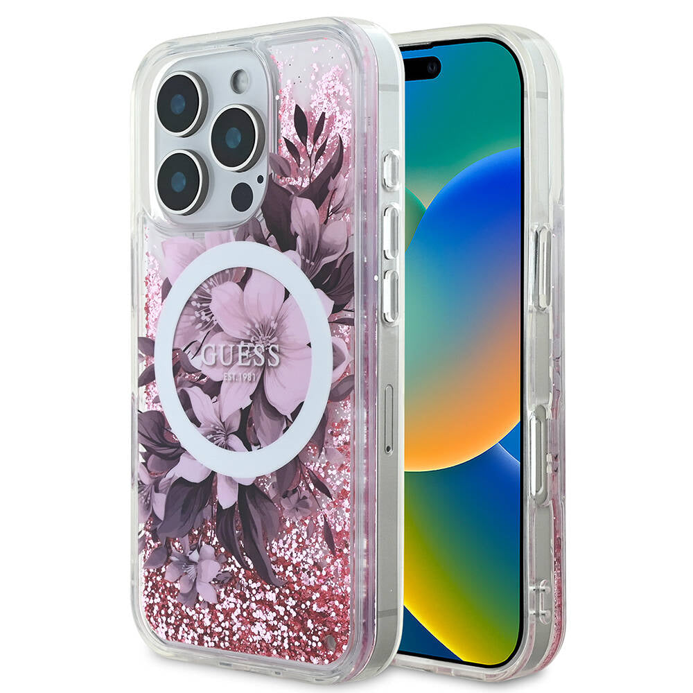 GUESS iPhone 16 Pro Max Orjinal Lisanslı Magsafe Şarj Özellikli Sıvılı Simli Çiçek Desenli Pembe Kılıf