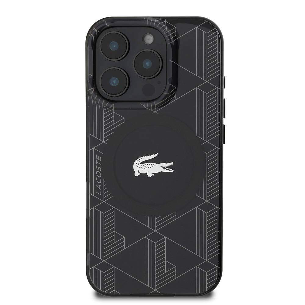 LACOSTE iPhone 16 Pro Orjinal Lisanslı Magsafe Şarj Özellikli IML Baskılı Gümüş Timsah Logolu Monogram Siyah Kılıf