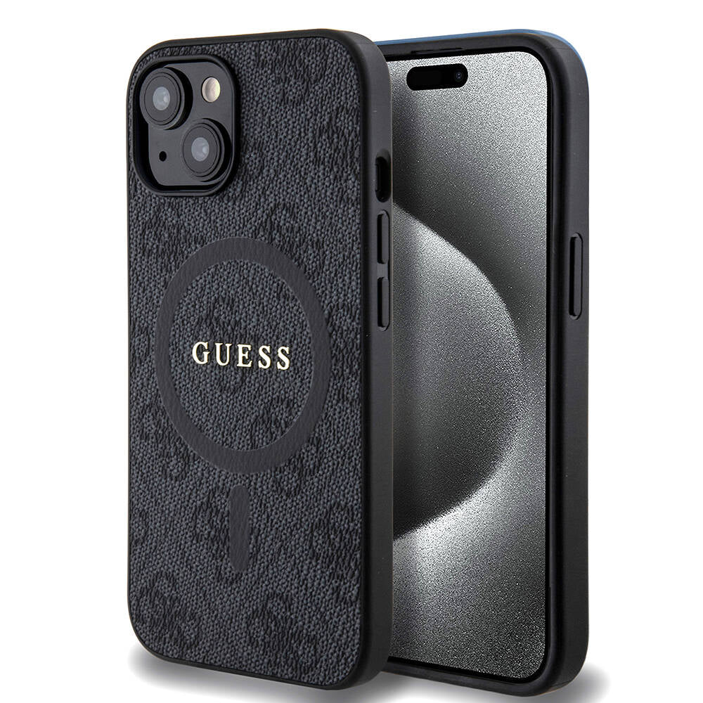 GUESS iPhone 14 Orjinal Lisanslı Magsafe Şarj Özellikli 4G Desenli Yazı Logolu Siyah Kılıf