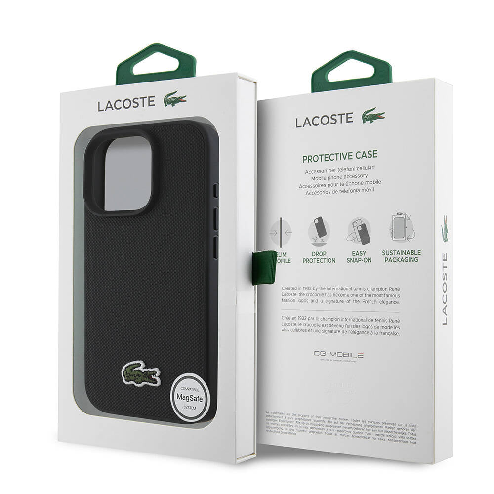 LACOSTE iPhone 16 Pro Orjinal Lisanslı PU Pike Desenli Arka Yüzey İkonik Timsah Dokuma Logolu Siyah Kılıf