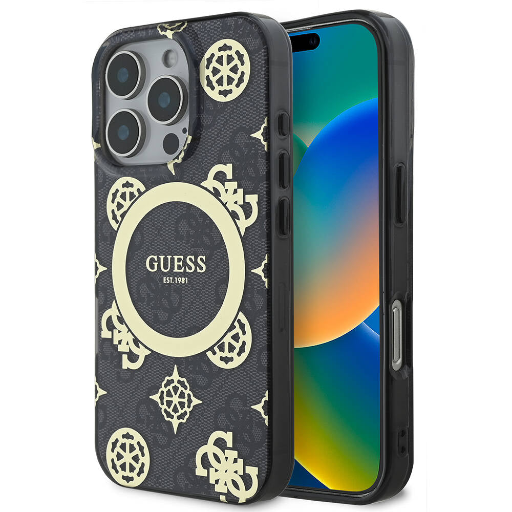 GUESS iPhone 16 Pro Max Guess Orjinal Lisanslı Magsafe Şarj Özellikli IML Peony ve 4G Desenli Klasik Logolu Siyah Kılıf