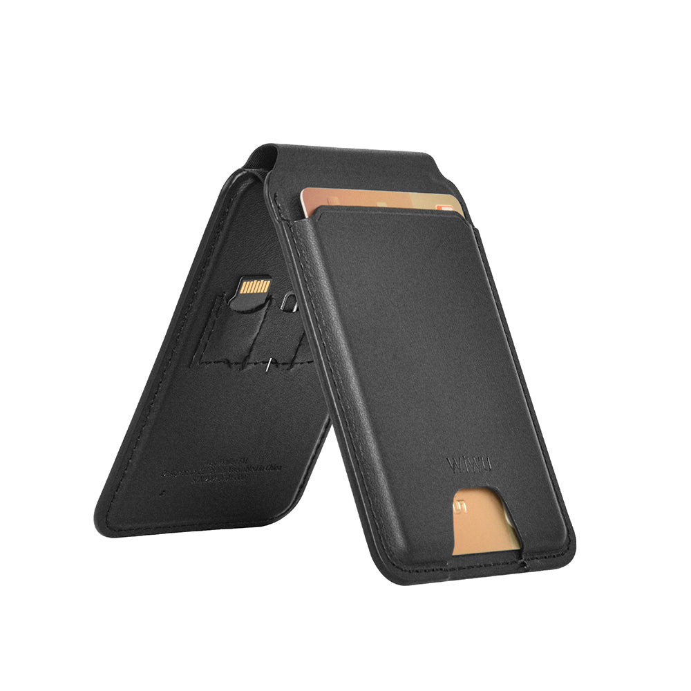 WİWU MW-005 Magnetik Standlı Kartlık Qi Kablosuz Şarj Uyumlu FindMy Özellikli Mag Wallet Siyah