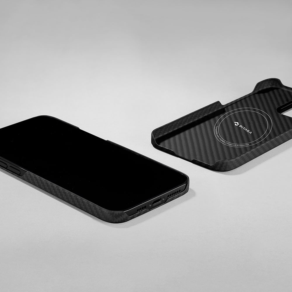 PİTAKA iPhone 15 Plus Magsafe Şarj Özellikli 1500D Aramid Fiber Ultra-Slim Classic Serisi Black-Grey Twill Kılıf