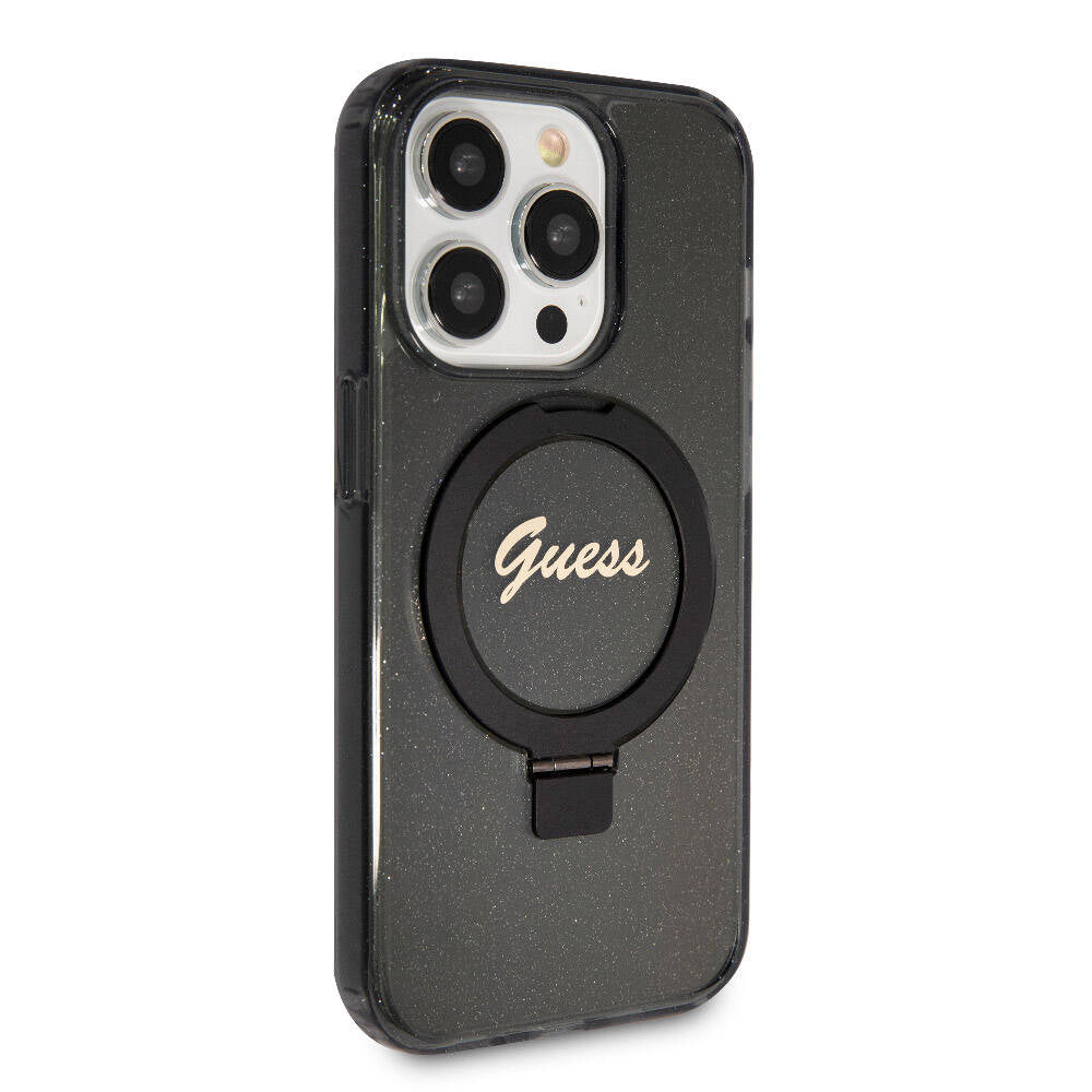 Guess Orjinal Lisanslı Magsafe Şarj Özellikli Simli Arka Yüzey Ring Standlı Siyah Kapak - enzaksesuar