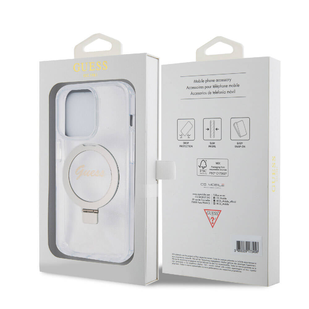 Guess Orjinal Lisanslı Magsafe Şarj Özellikli Simli Arka Yüzey Ring Standlı Şeffaf Kapak - enzaksesuar