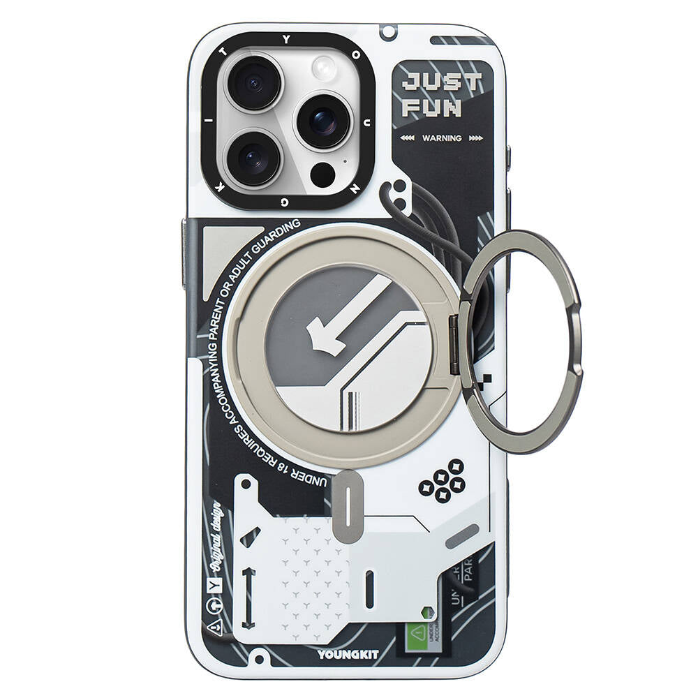 YOUNGKIT iPhone 15 Pro Magsafe Şarj Özellikli 360° Standlı Starship Serisi Beyaz Kılıf