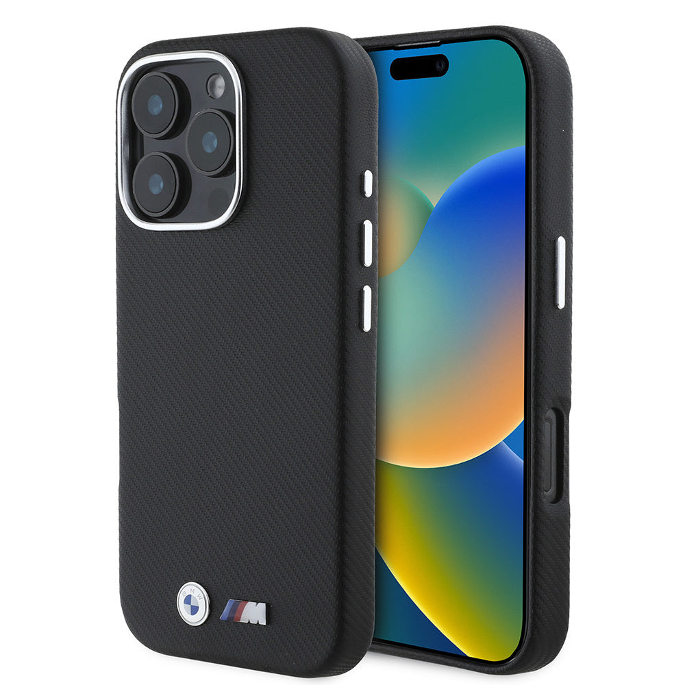 BMW iPhone 16 Pro Orjinal Lisanslı Tam Sarılmış Kevlar Tasarımlı Metal Logo Suni Deri Kılıf