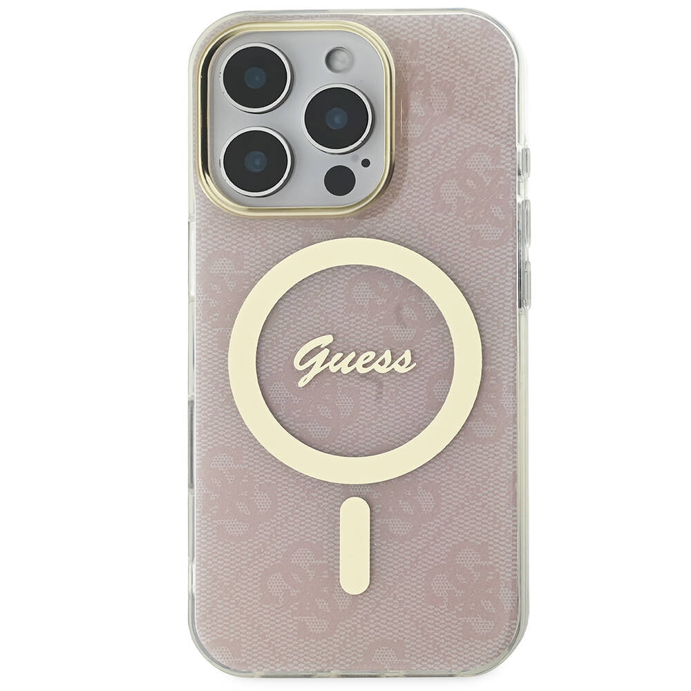 GUESS Orjinal Lisanslı iPhone 16 Pro Orjinal Lisanslı Magsafe Şarj Özellikli Yazı Logolu 4G Desenli Pembe Kılıf