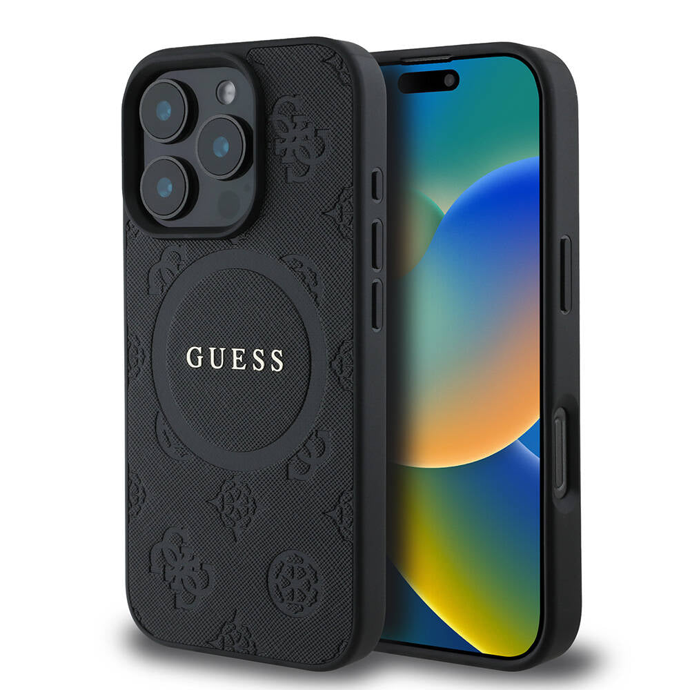GUESS Orjinal Lisanslı iPhone 16 Pro Magsafe Şarj Özellikli Yazı Logolu Saffiano Peony Kılıf
