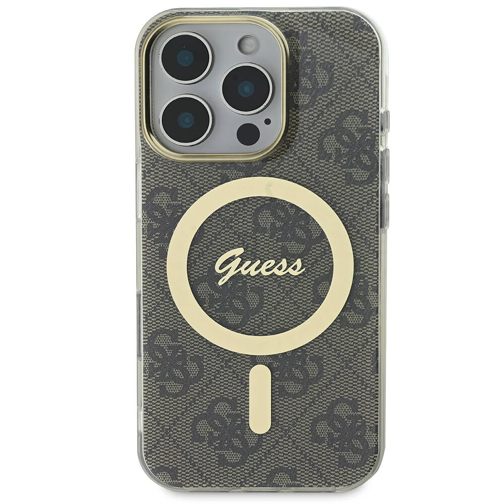 GUESS Orjinal Lisanslı iPhone 16 Pro Orjinal Lisanslı Magsafe Şarj Özellikli Yazı Logolu 4G Desenli Kahverengi Kılıf