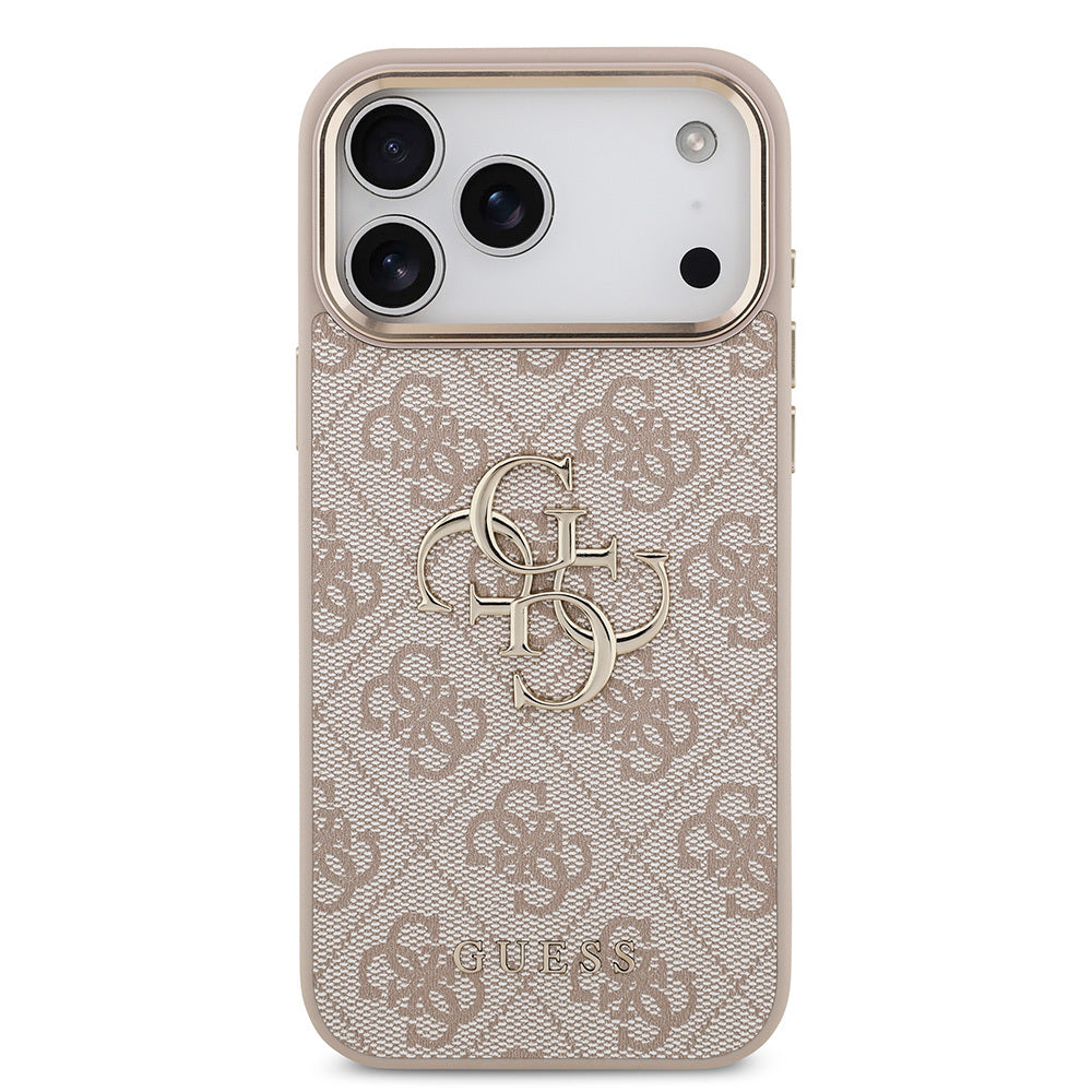 Apple iPhone 17 Pro Max Kılıf Guess Orjinal Lisanslı Gold Metal Kamera Çerçeveli 4G Desenli Metal Büyük 4G ve Yazı Logolu Kapak Pembe