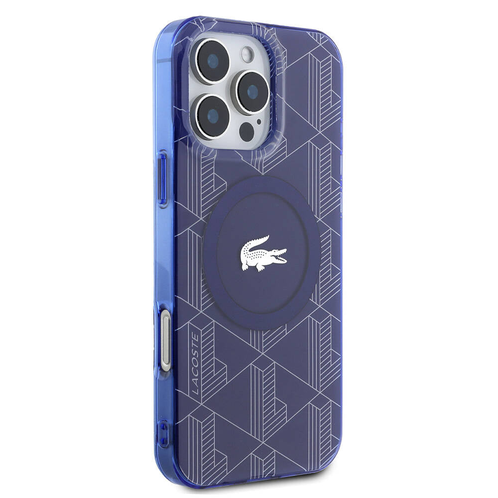 LACOSTE iPhone 16 Pro Orjinal Lisanslı Magsafe Şarj Özellikli IML Baskılı Gümüş Timsah Logolu Monogram Lacivert Kılıf