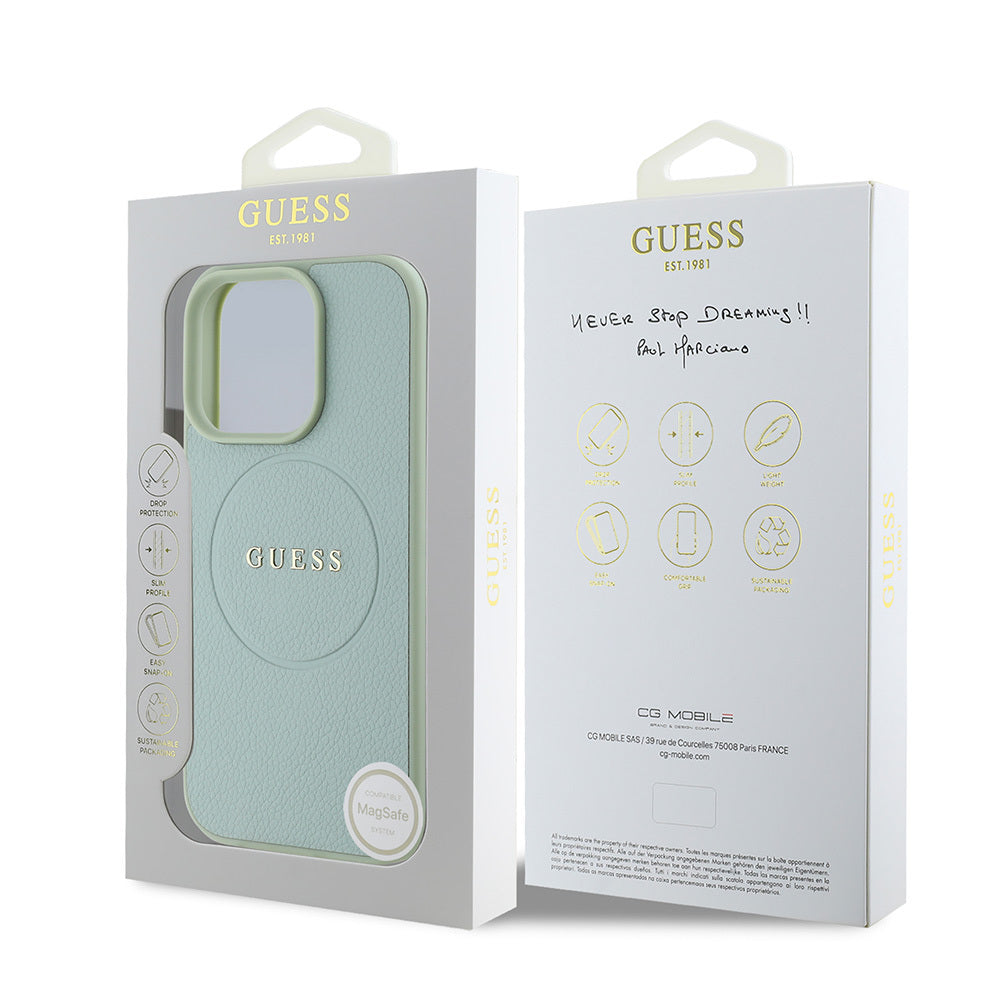 GUESS Orjinal Lisanslı iPhone 16 Pro Max Orjinal Lisanslı Magsafe Şarj Özellikli Yazı Logolu Grained Yeşil Kılıf