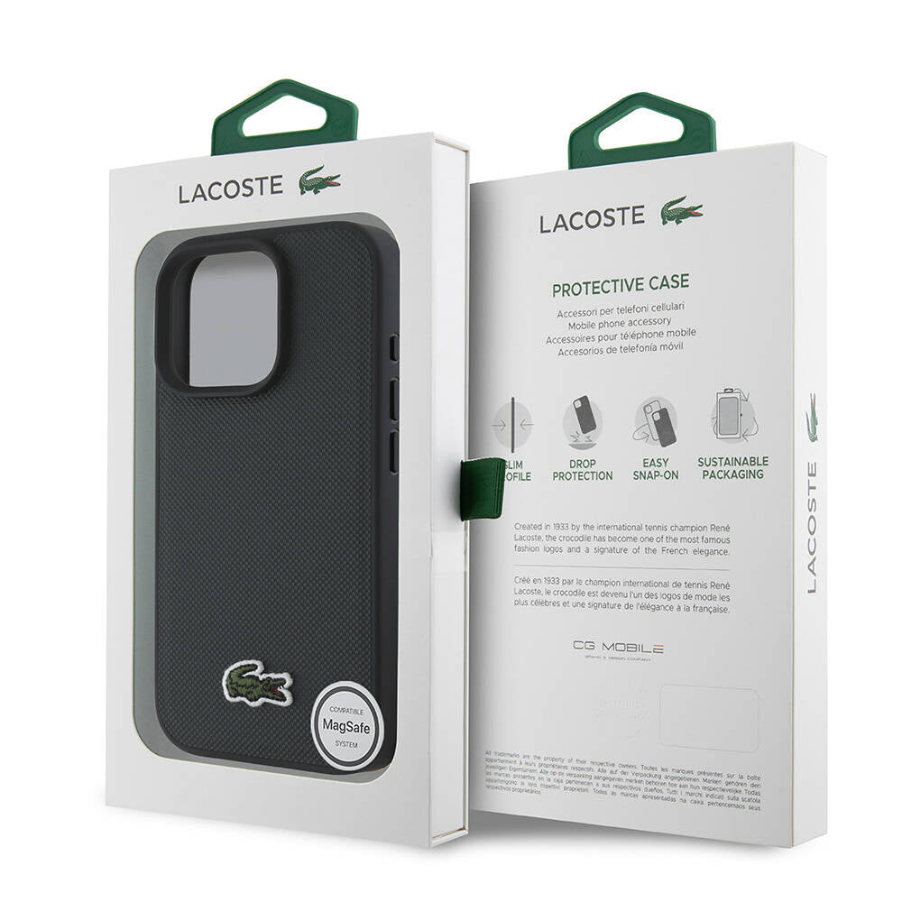 LACOSTE iPhone 16 Pro Max Orjinal Lisanslı PU Pike Desenli Arka Yüzey İkonik Timsah Dokuma Logolu Koyu Yeşil Kılıf