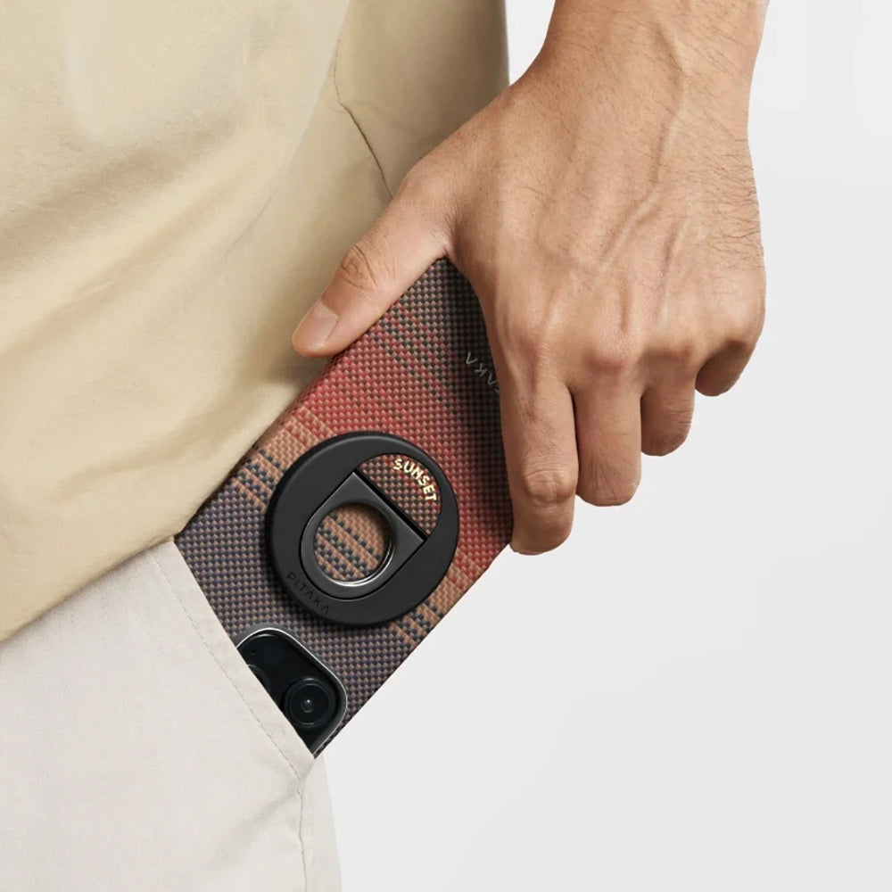 Magsafe Şarj Özellikli Grip 3 Standlı Aramid Fiber Pitaka Tactile Woven Sunset-Moonrise Serisi Sunset Kapak - enzaksesuar