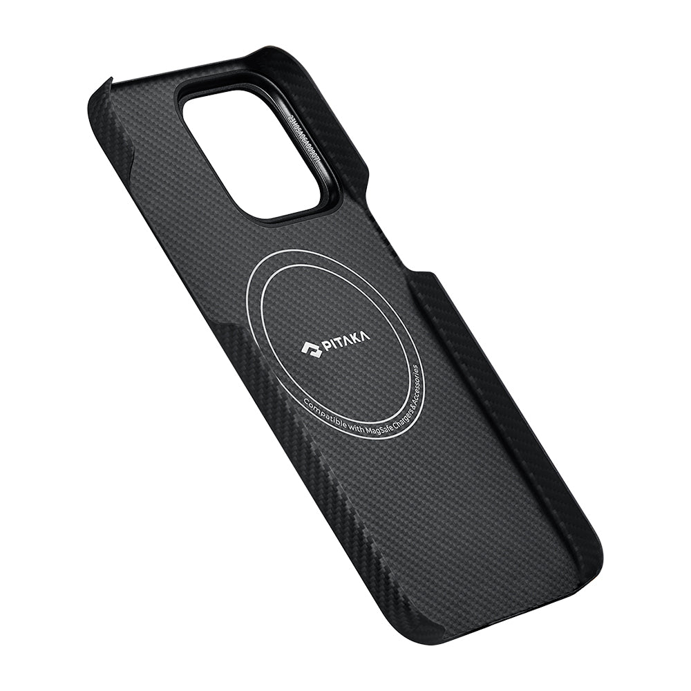 PİTAKA Magsafe Şarj Özellikli iPhone 15 Pro Max 600D Aramid Fiber Pitaka Ultra-Slim Classic Serisi Black-Grey Twill Kılıf