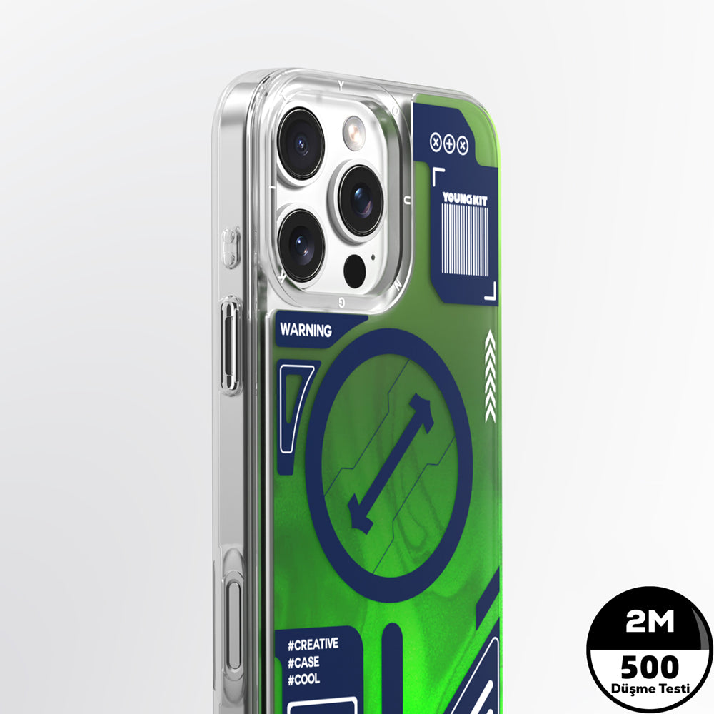 YOUNGKİT iPhone 16 Pro Max Magsafe Şarj Özellikli Parlak Kumlu Sıvılı Tasarımlı Galaxy Fantasy Serisi Yeşil Kılıf