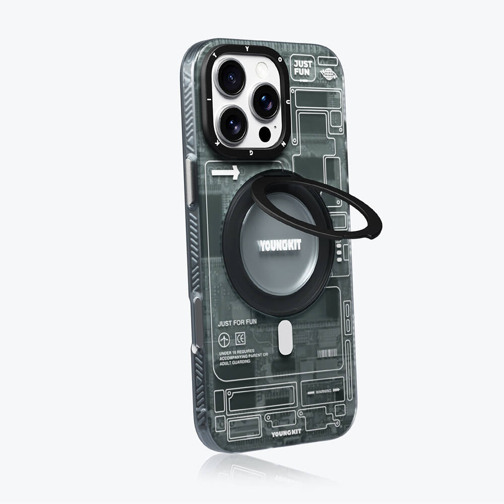 YOUNGKİT iPhone 16 Pro Max Magsafe Şarj Özellikli 360° Standlı Technology Serisi Gri Kılıf