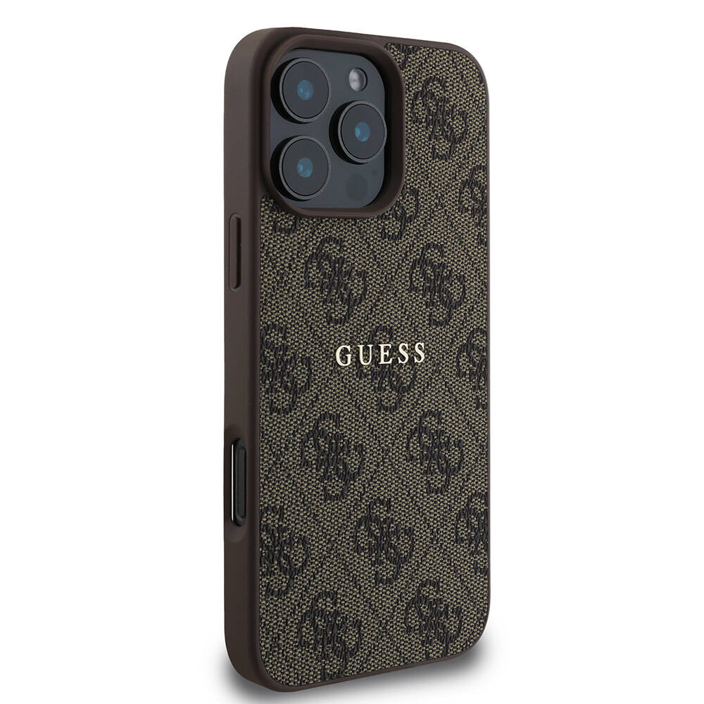 GUESS iPhone 16 Pro Orjinal Lisanslı Magsafe Şarj Özellikli 4G Desenli Yazı Logolu Kahverengi Kılıf