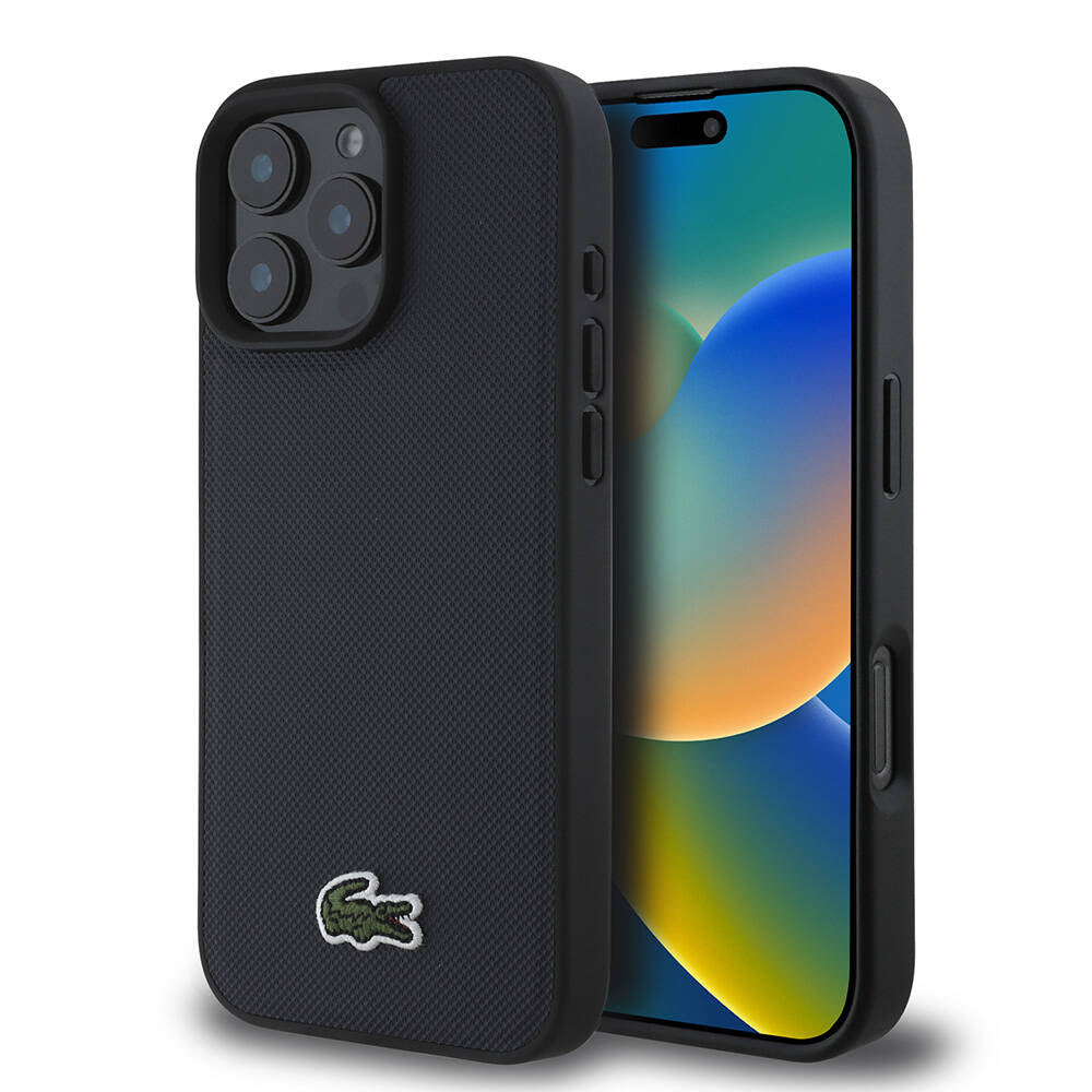 LACOSTE iPhone 16 Pro Max Orjinal Lisanslı PU Pike Desenli Arka Yüzey İkonik Timsah Dokuma Logolu Lacivert Kılıf