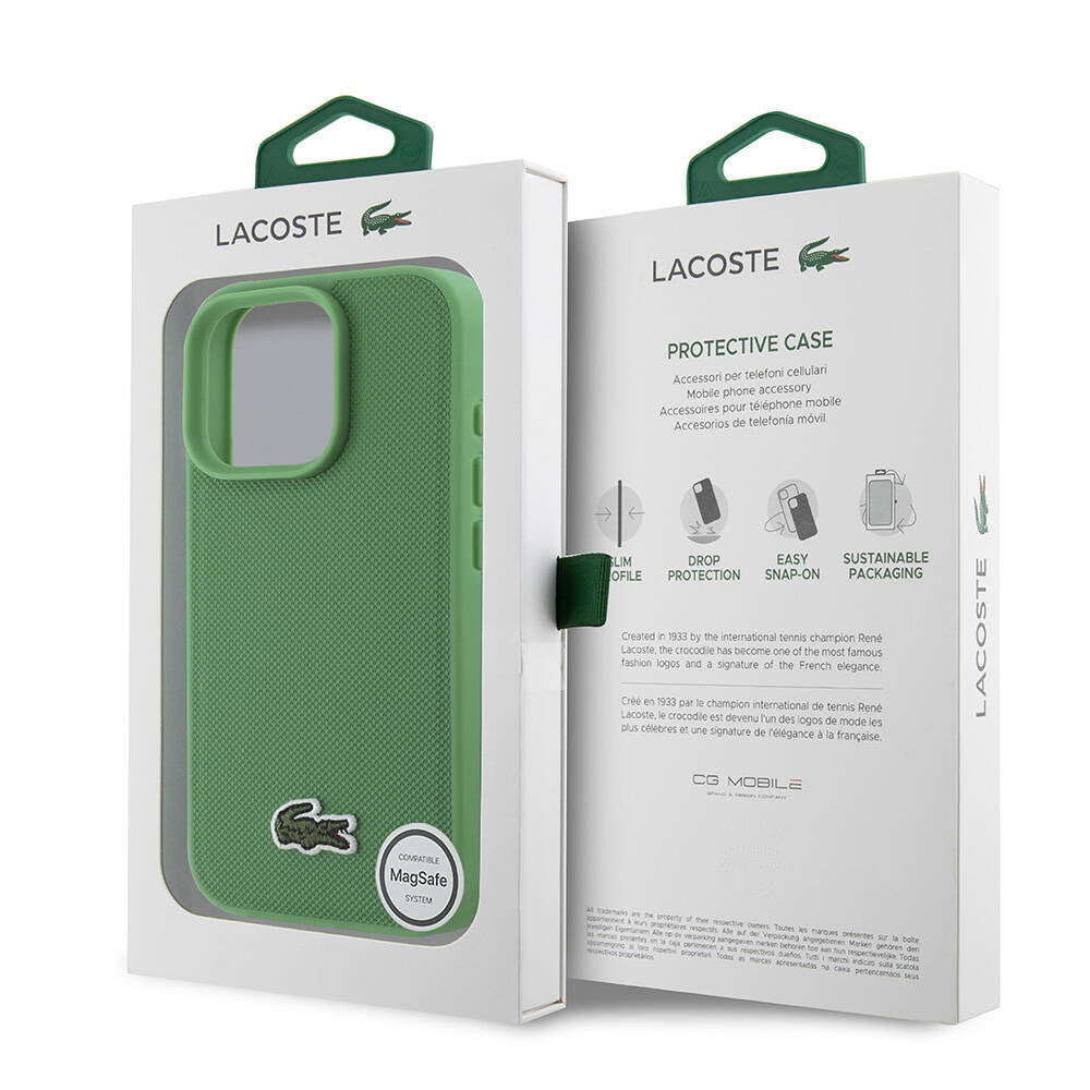 LACOSTE iPhone 16 Pro Max Orjinal Lisanslı PU Pike Desenli Arka Yüzey İkonik Timsah Dokuma Logolu Yeşil Kılıf