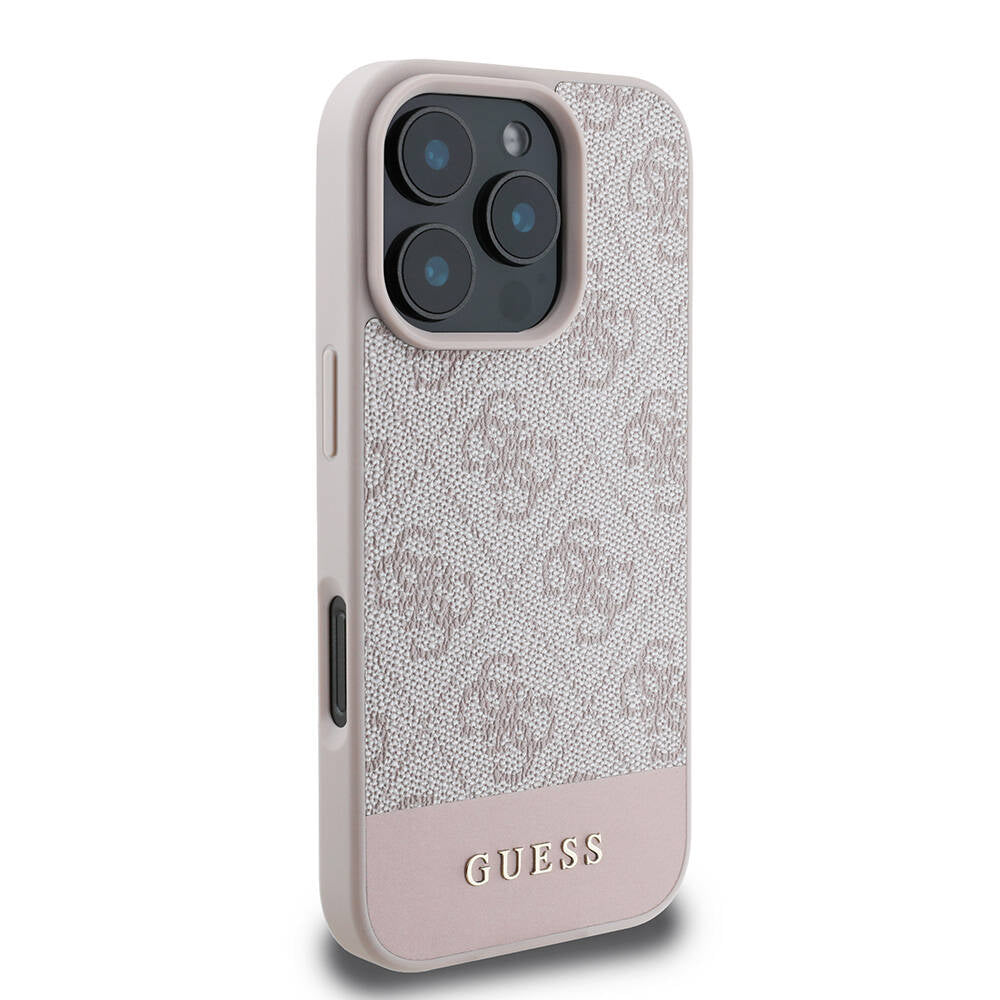 GUESS iPhone 16 Pro Orjinal Lisanslı Magsafe Şarj Özellikli PU Deri Şerit Logo Dizaynlı Pembe Kılıf
