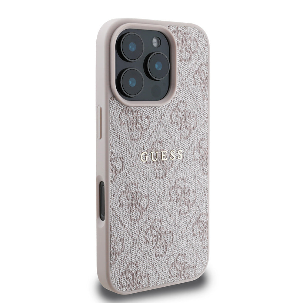GUESS iPhone 16 Pro Orjinal Lisanslı Magsafe Şarj Özellikli 4G Desenli Yazı Logolu Pembe Kılıf
