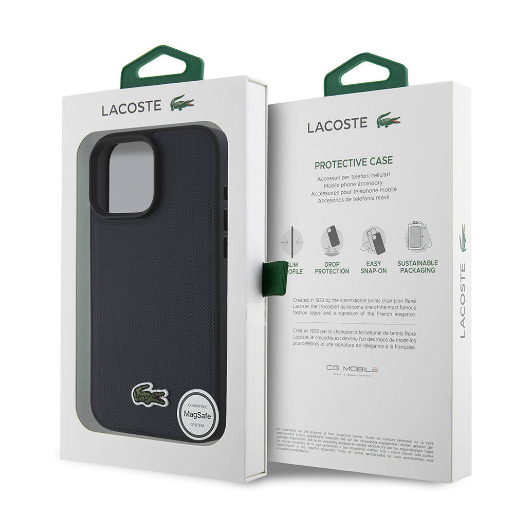 LACOSTE iPhone 16 Pro Max Orjinal Lisanslı PU Pike Desenli Arka Yüzey İkonik Timsah Dokuma Logolu Lacivert Kılıf